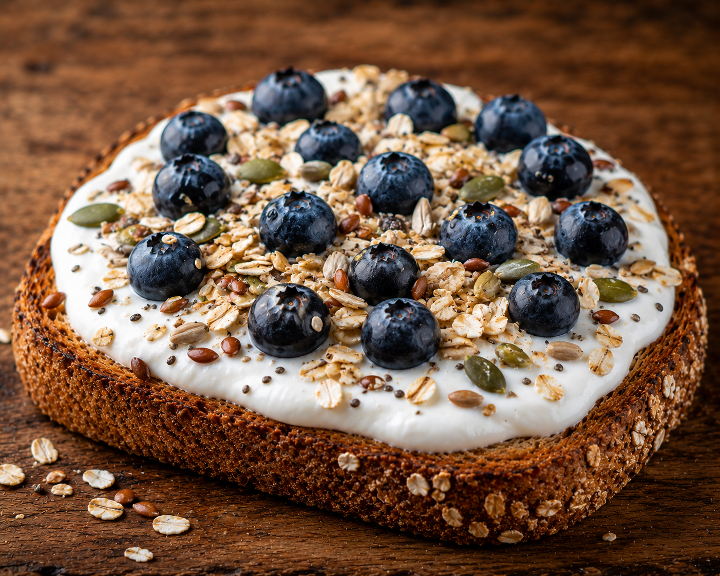 CROSTONE CON YOGURT GRECO, MIRTILLI, SEMI, AVENA
